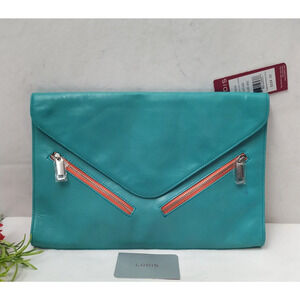 Lodis Astoria Turquoise Leather Flap Closure Envelope Clutch -New W/ Defect $228